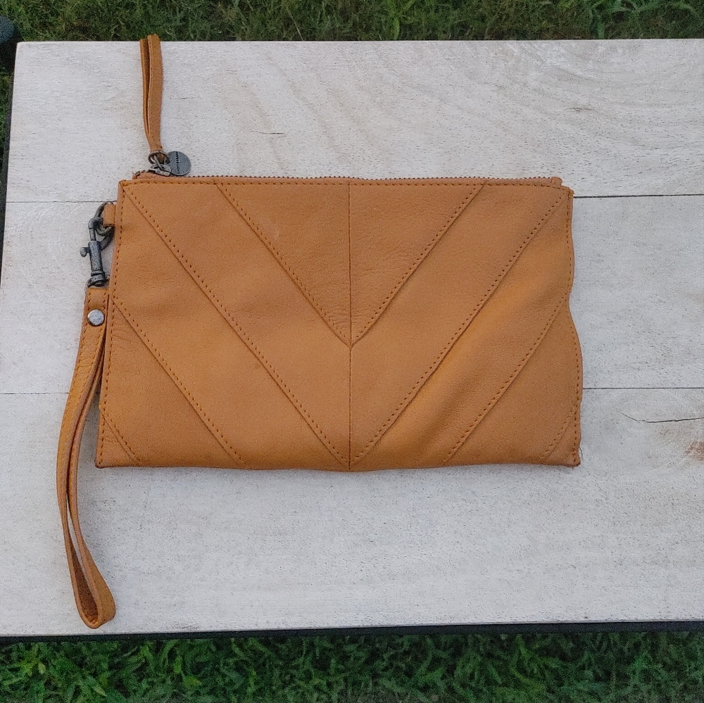 Lucky Brand Mustard Chevron Leather Wristlet Clutch